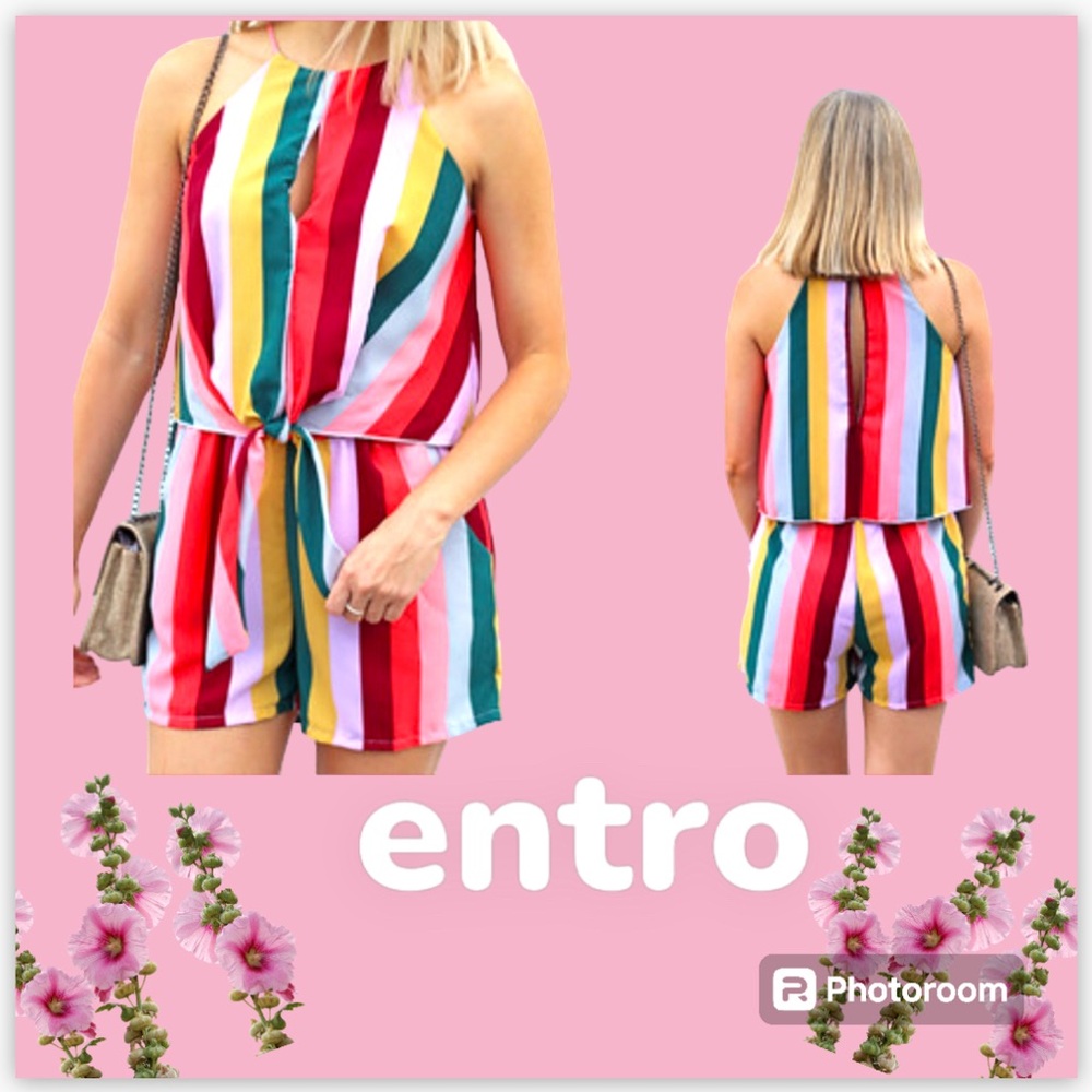 💖 Too CUTE “entro” multi colored romper spaghetti straps in great condition SZ L